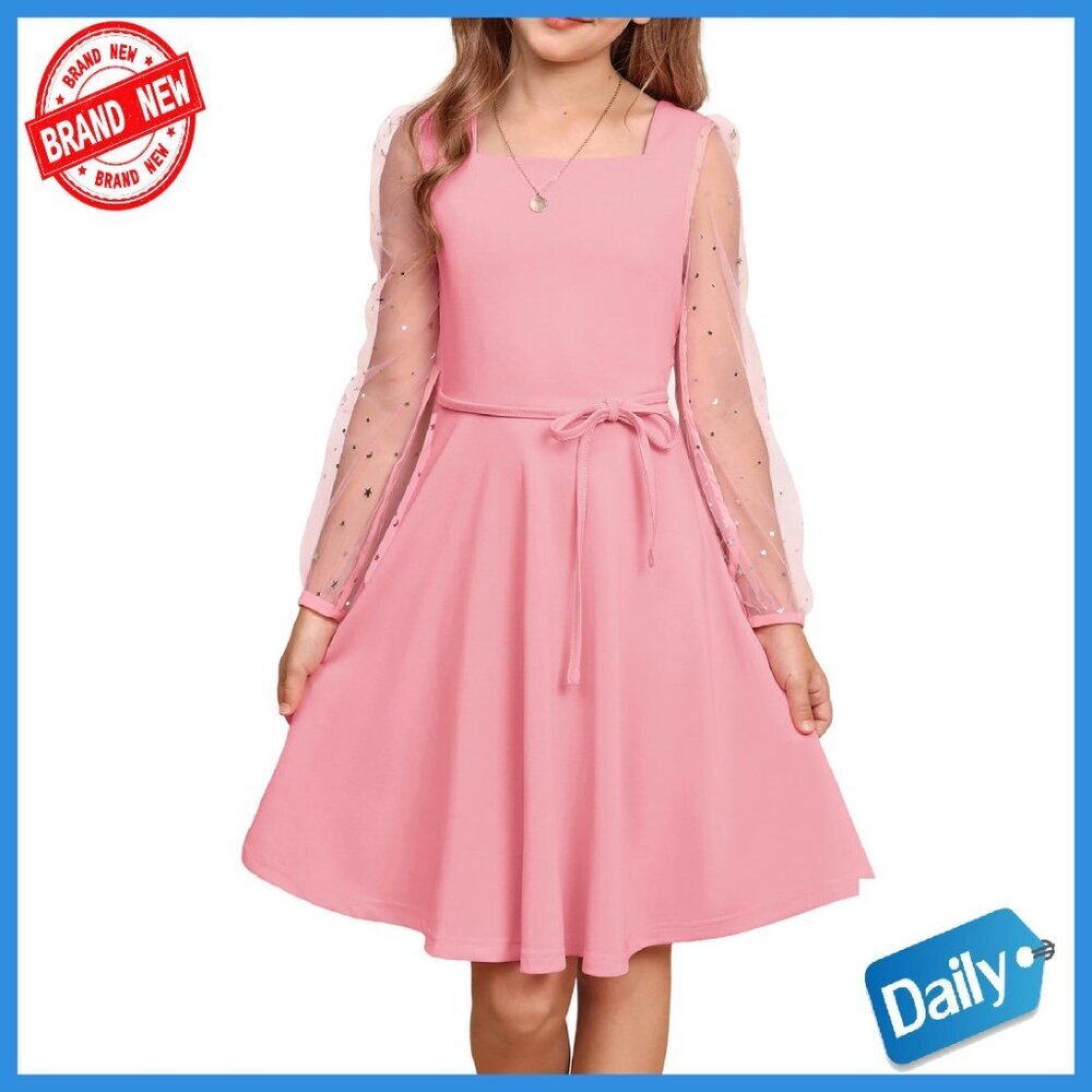 Girls Long Sleeve Formal Dress Mesh Puff Sleeves Adjustable Waist Tie 6-12Y